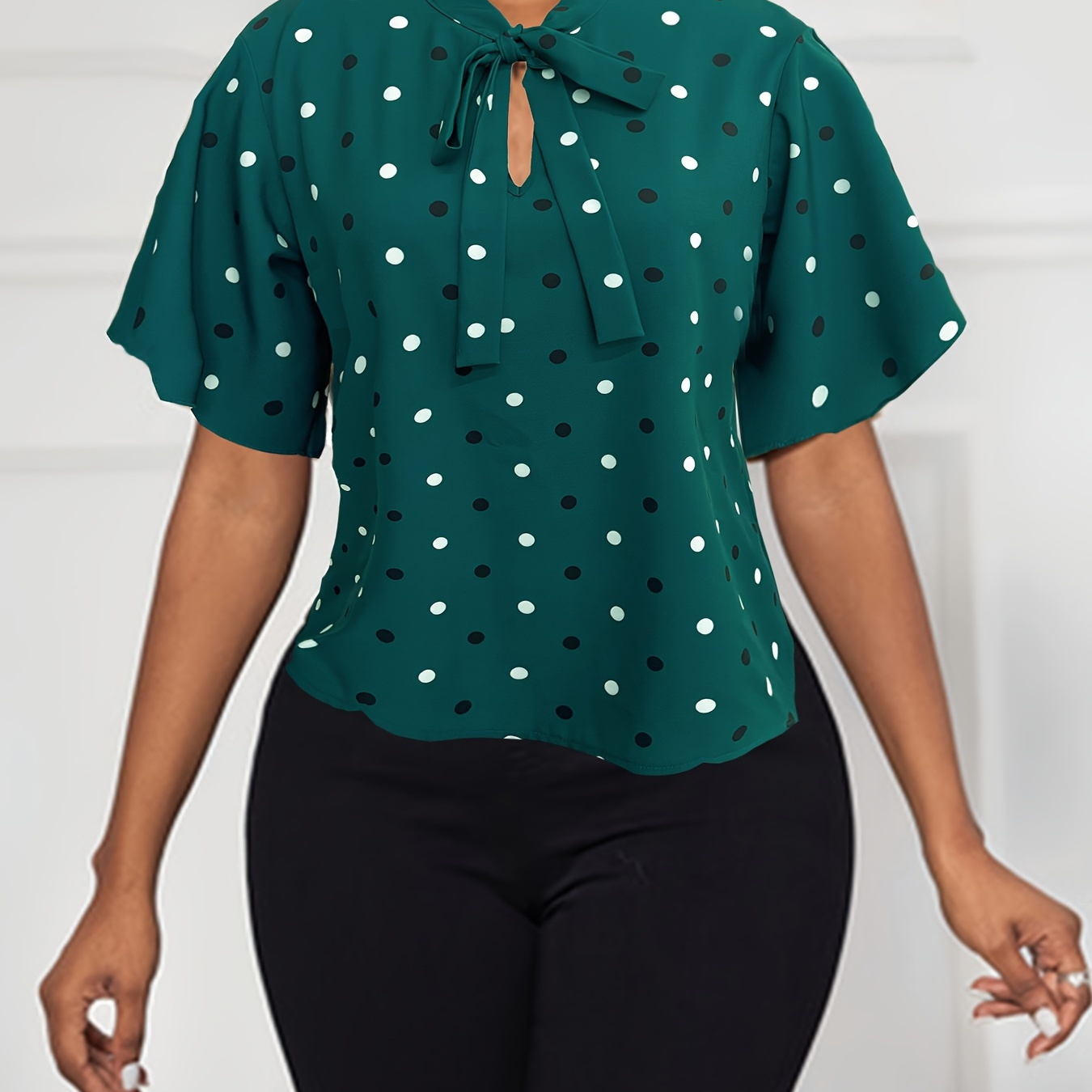 

Polka Dot Tie Neck Blouse, Elegant Ruffle Sleeve Blouse For Spring & Summer, Women's Clothing