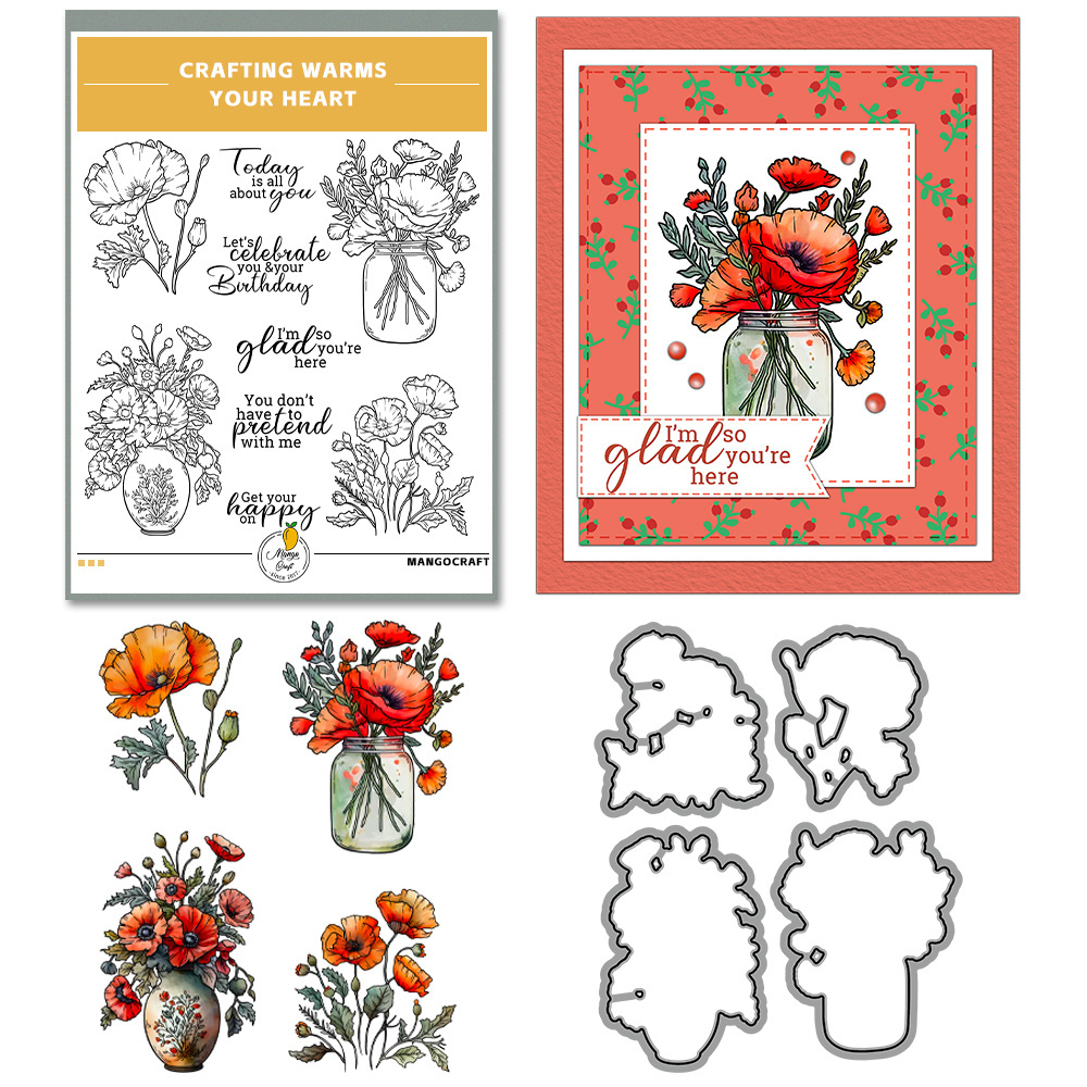 

1pc Mangocraft Original Design Blooming Flowers In Retro Vase Stamps And Cutting Dies Diy Scrapbooking Silicone Stamps Metal Dies Paper Card Decoration Photo Gift Blessing Thanks Card