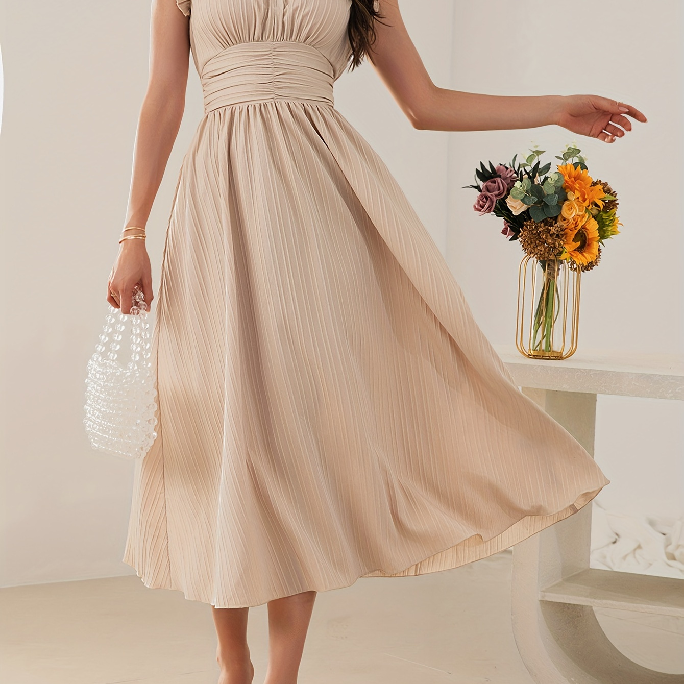 

Solid Textured Shirred Back Waist Dress, Elegant Flutter Sleeve V-neck Dress, Women's Clothing
