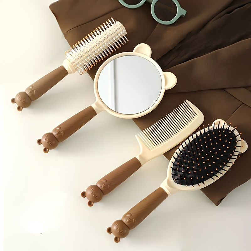 

4pcs/set Hairdressing Comb Set, Air Cushion Comb, Makeup Mirror, Detangling Hair Brush, Round Curling Brush, Cute Hair Styling Comb Set Travel Essentials