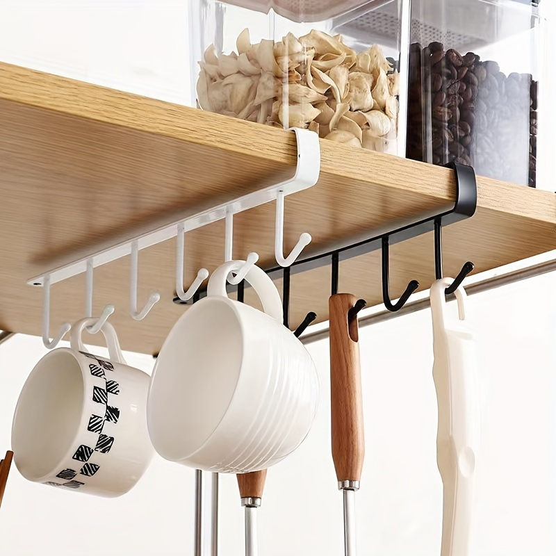

1pc Single-row No-punch Six-hook Black/white Kitchen Shelf No Trace No-punch Hook A Row Of Cabinet Door Hanger Hanging Storage Rack