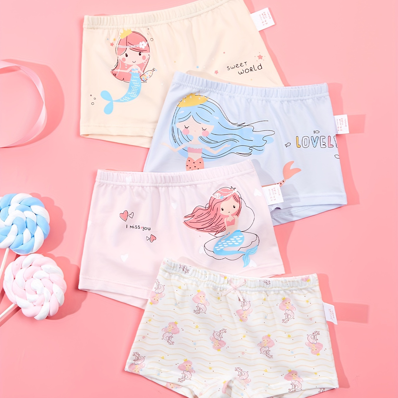 4pcs Girls Cute Mermaid Little White Rabbit Cartoon Print Boxers, Soft Comfortable  Girls Underwear