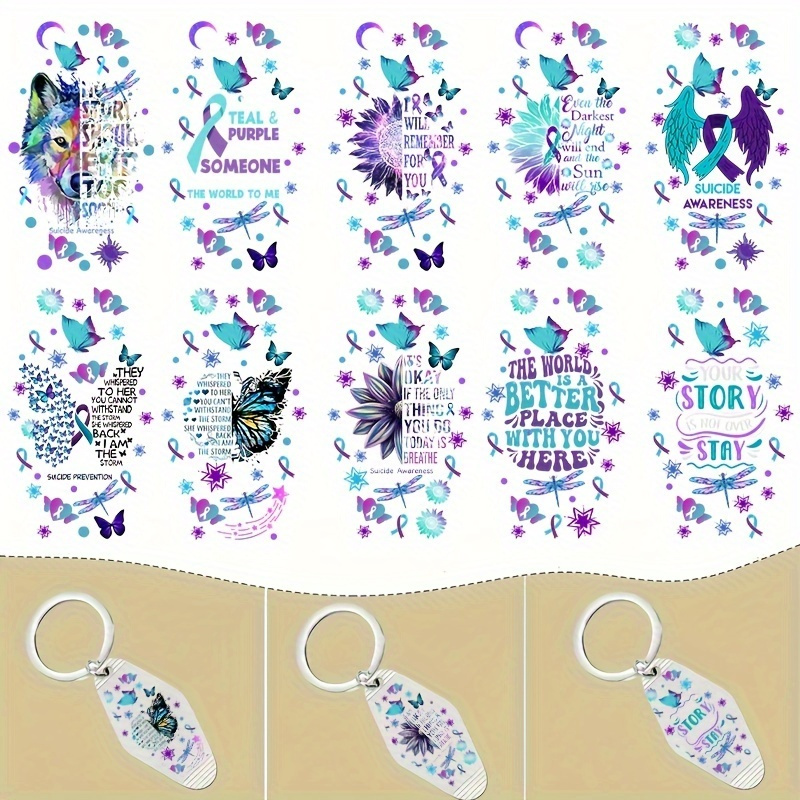 

4-piece Pvc Transfer Decal Set For Acrylic Keychains, Awareness Theme Graphics For Motel & Hotel Keys - Durable Uv Dtf Prints For Crafting & Personalization