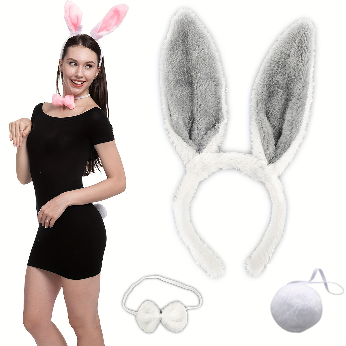 

3pcs Ears Headband Set With Bow Tie & Rabbit Tail - Cosplay, Easter, Halloween Parties & Teacher Gifts