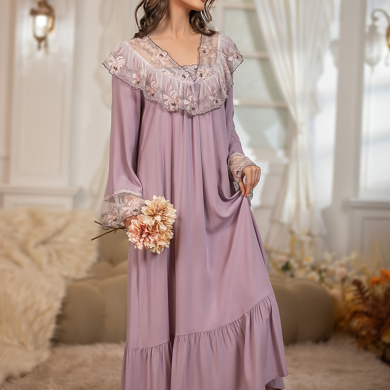 

Women's Plus Elegant Nightdress, Plus Size Floral Embroidery Ruffle Trim Long Sleeve Maxi Abaya Nightdress