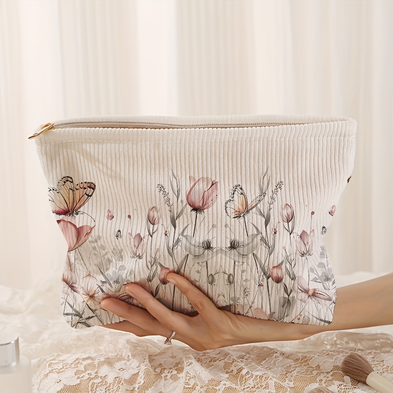 

Chic Floral & Butterfly Corduroy Makeup Bag - Lightweight, Multi-functional Cosmetic Pouch With Lining For Toiletries