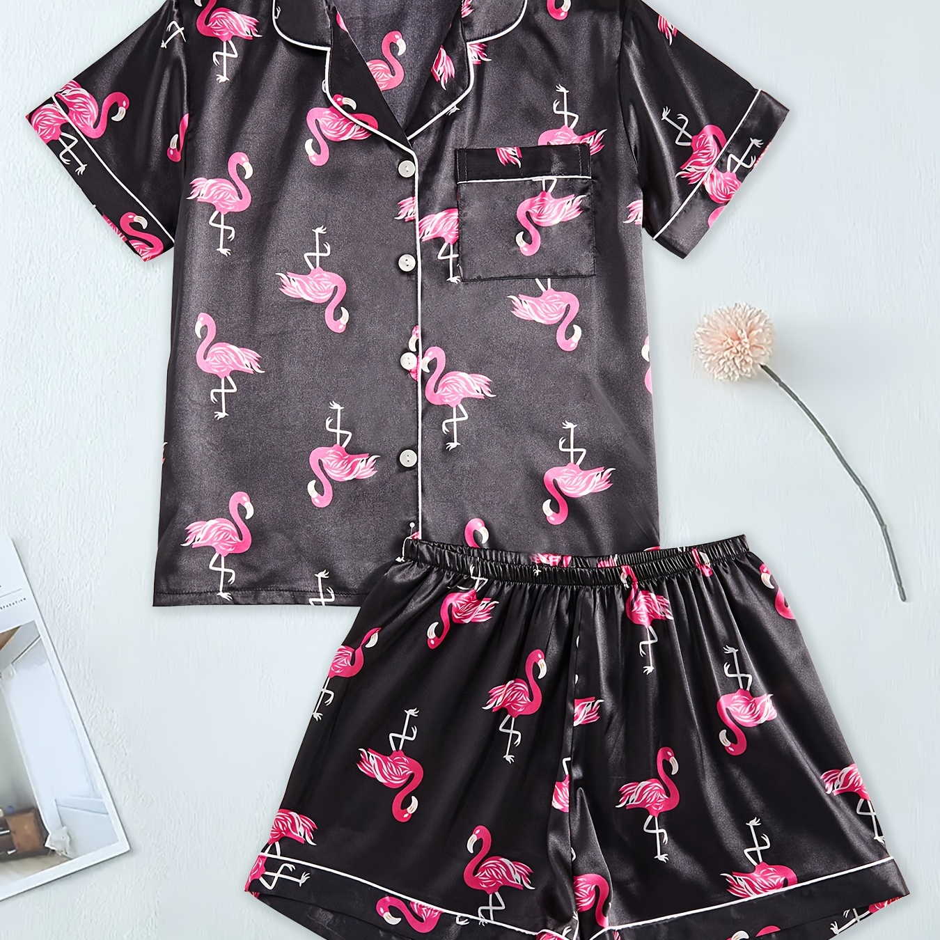 

Casual Flamingo Print Satin Pajama Set, Short Sleeve Button Up Lapel Collar Top & Elastic Shorts, Women's Sleepwear & Loungewear