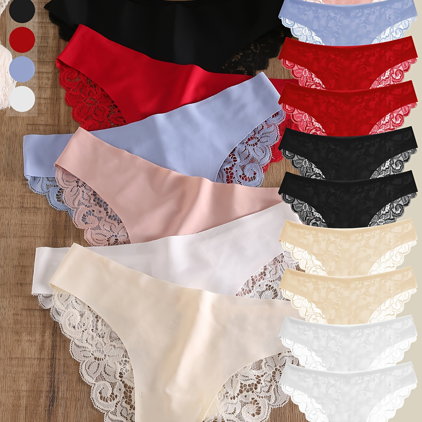 

10pcs Contrast Lace Briefs, Comfy & Breathable Scallop Trim Panties, Women's Lingerie & Underwear