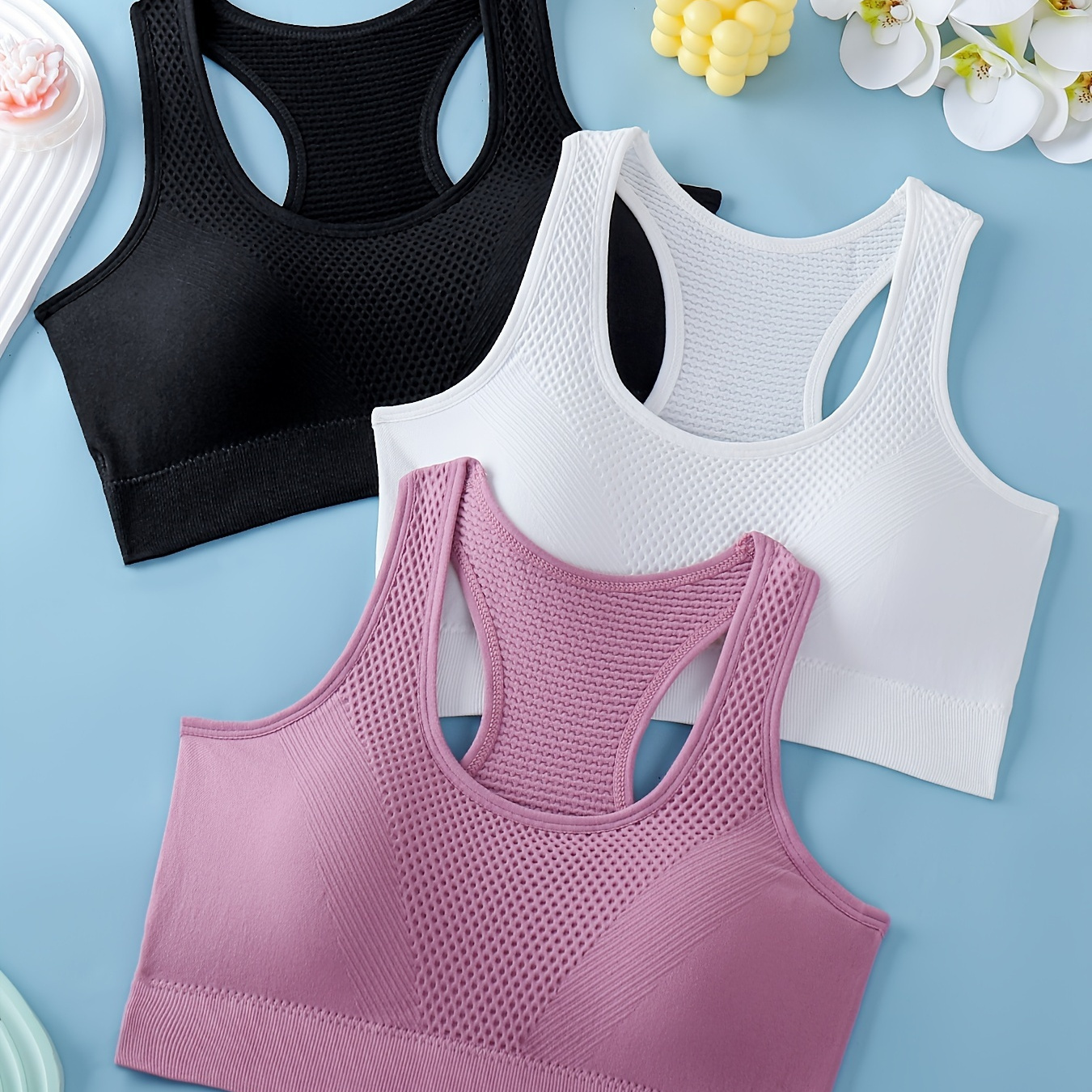 

3pcs Sports Bras For Women, Breathable Back Yoga Fitness Running Tank Tops, Outer Wear Vest