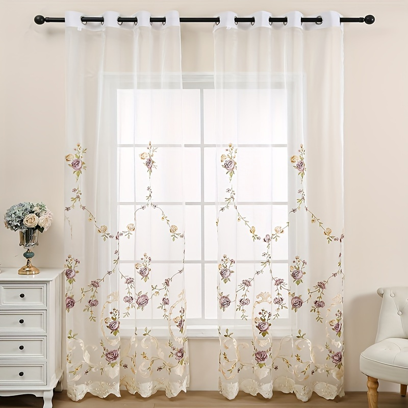 

1pc Rose Embroidery Semi-sheer Curtain Panel With Rod Pocket For Bedroom, Living Room, Office, Kitchen - Machine Washable Polyester Home Decor, Curtains For Living Room