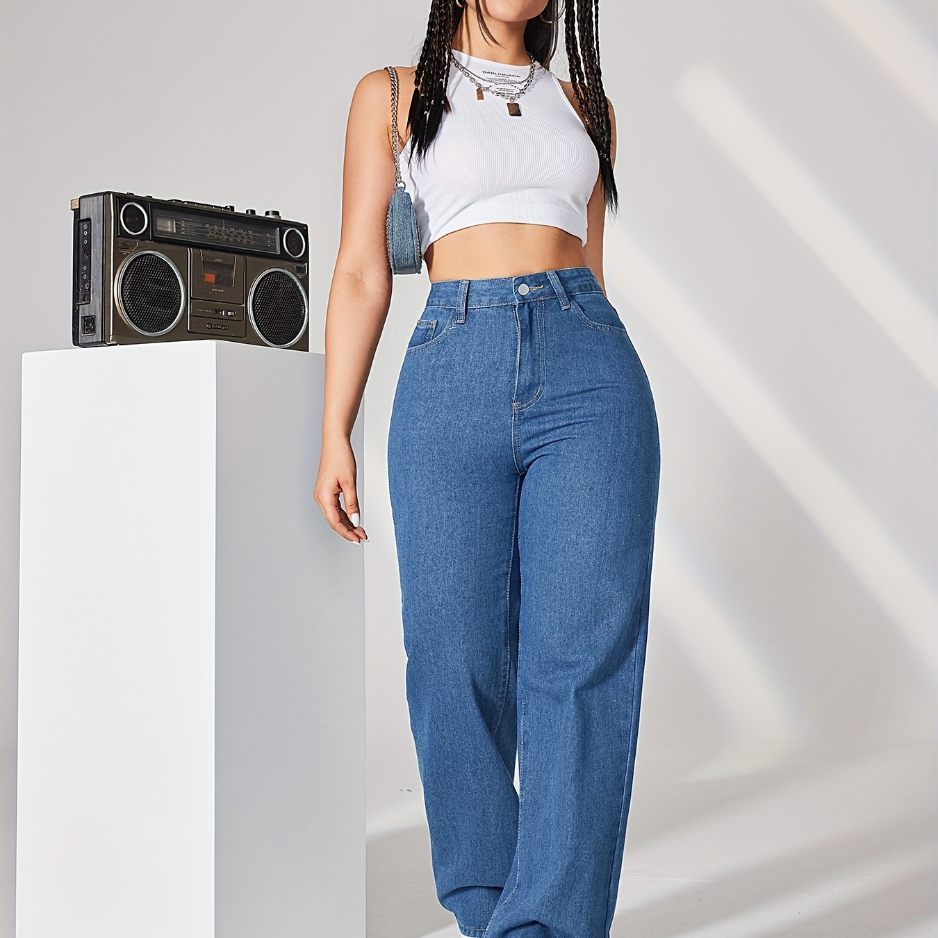 

Plain Washed Blue Loose Fit Jeans, Zipper Button Closure Versatile Denim Pants, Women's Denim Jeans & Clothing