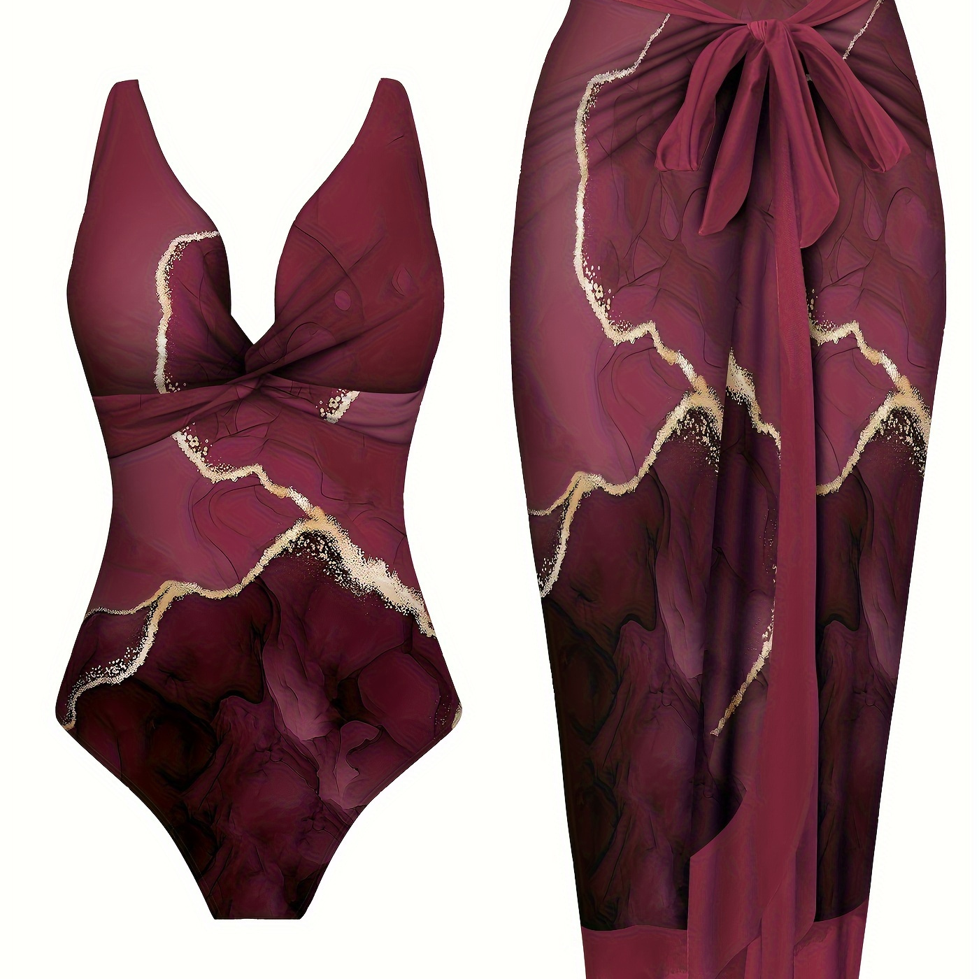 

Women'-piece Beachwear Set, Printed One-piece Bathing-suit With Detail And Matching Tie-waist Skirt, Elegant Party Wear