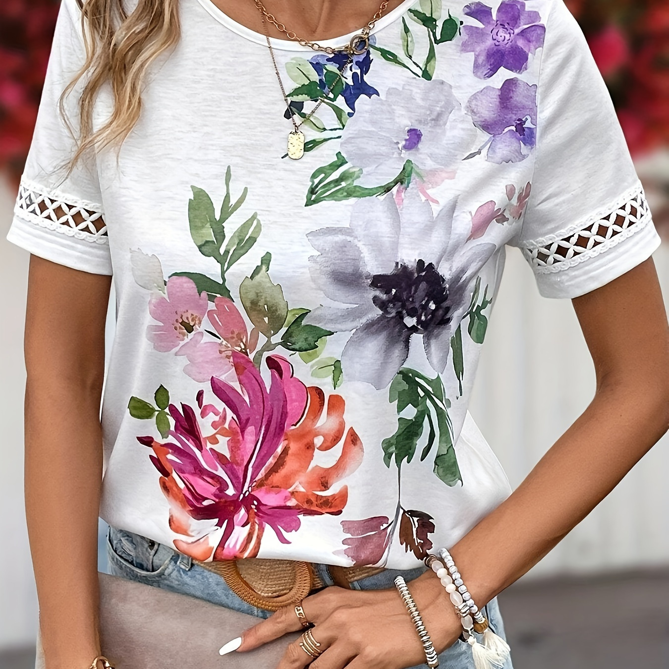 

Floral Print Print T-shirt, Casual Short Sleeve Crew Neck Top For Spring & Summer, Women's Clothing