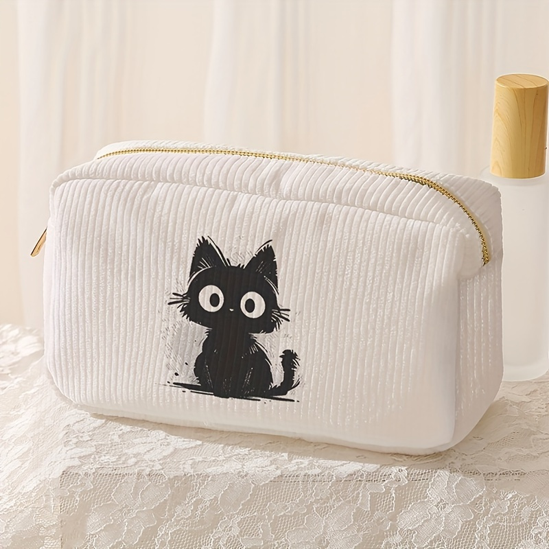 

Corduroy Cosmetic Bag With Black Cat Pattern - Polyester Makeup Pouch For Travel, Chic & Cute Non- Women's Lipstick And Brush Organizer With Zipper