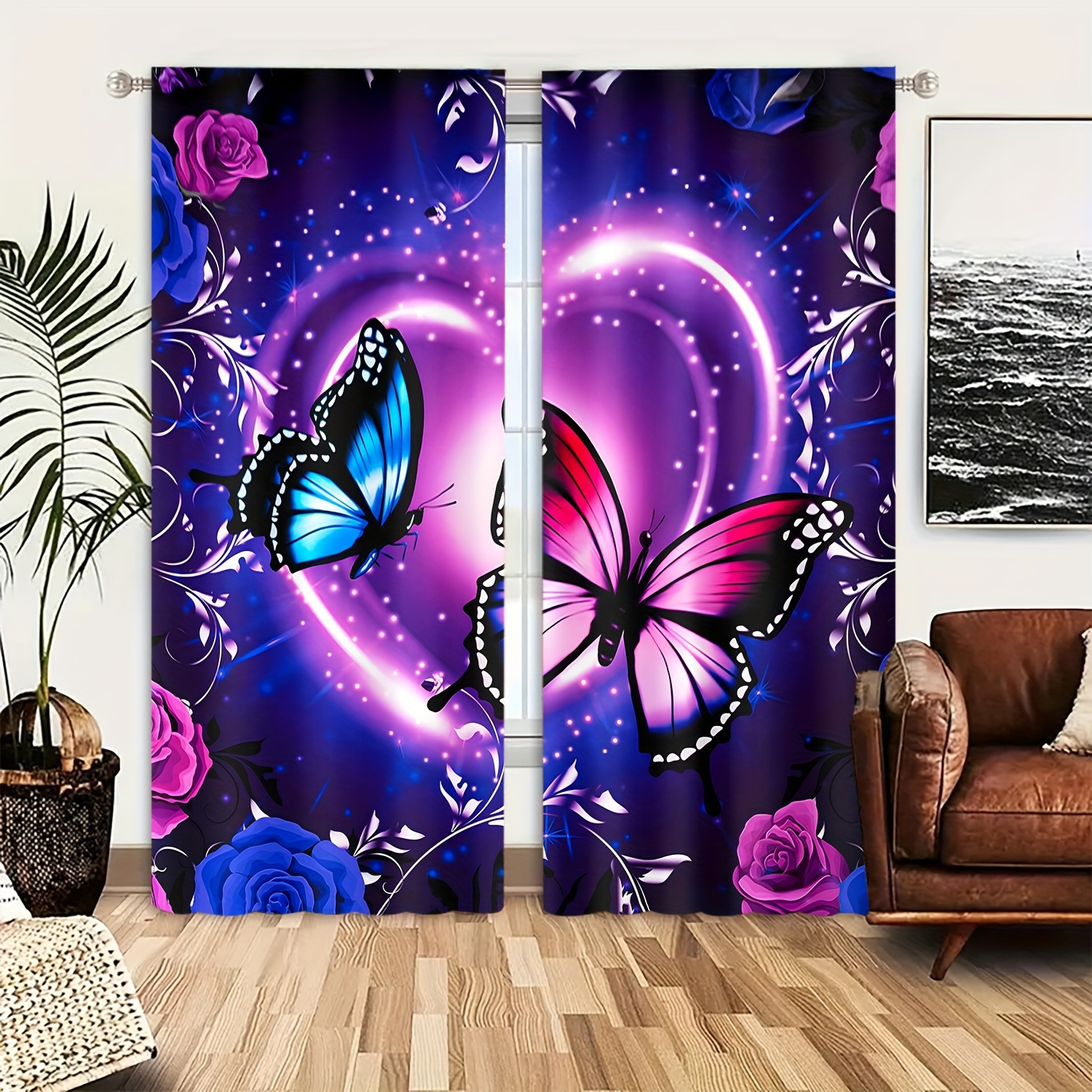 

2pcs, Fashionable Romantic Purple Butterfly Printed Curtain, Suitable For Living Room Decoration, Bedroom Blackout, Bathroom Waterproof Shower Curtain Kitchen Decoration Home Decor
