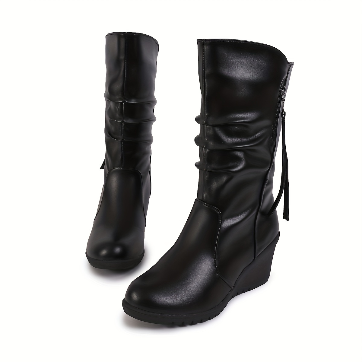 

Women's Wedge Mid Calf Boots, Slouchy Round Toe Side Zipper Shoes, All-match Fashion Boots