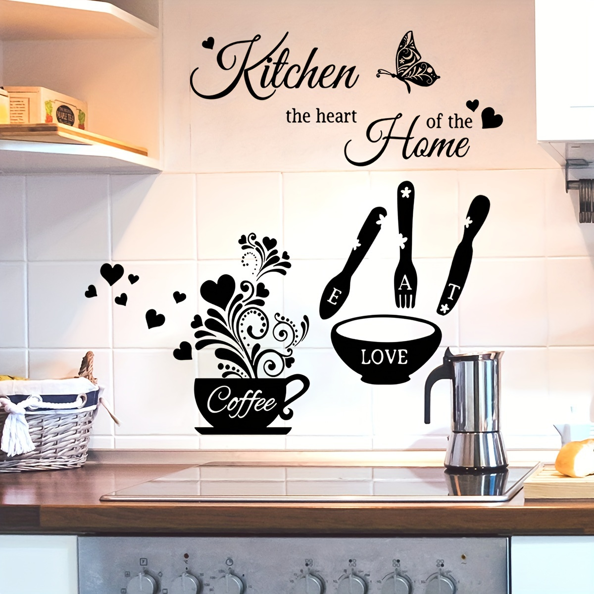 

Contemporary Kitchen & Coffee Wall Decals Set With Cutlery Graphic - Polyvinyl Chloride Reusable Space-themed Art For Home Decor, Matte , Self-adhesive, Oblong Shape, Detachable, Suitable For Glass