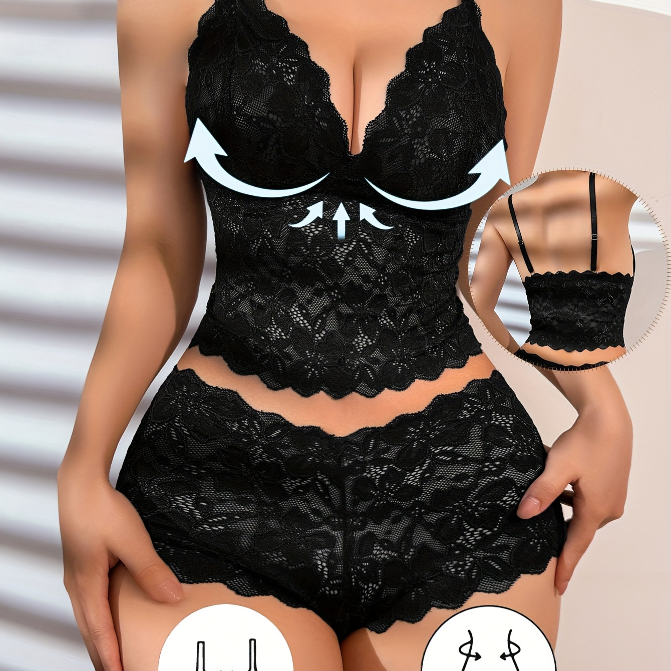 2pcs Conjunto de Sujetador y Braguita Sexy en Encaje con Escote Profundo, Top Camisola Floral y Bralette Semi-Transparente