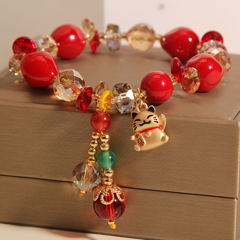

Chinese Style Kitten Bracelet Female Niche Design New Year Red Faux Crystal Bracelet Hand Jewelry Girlfriend Bracelet