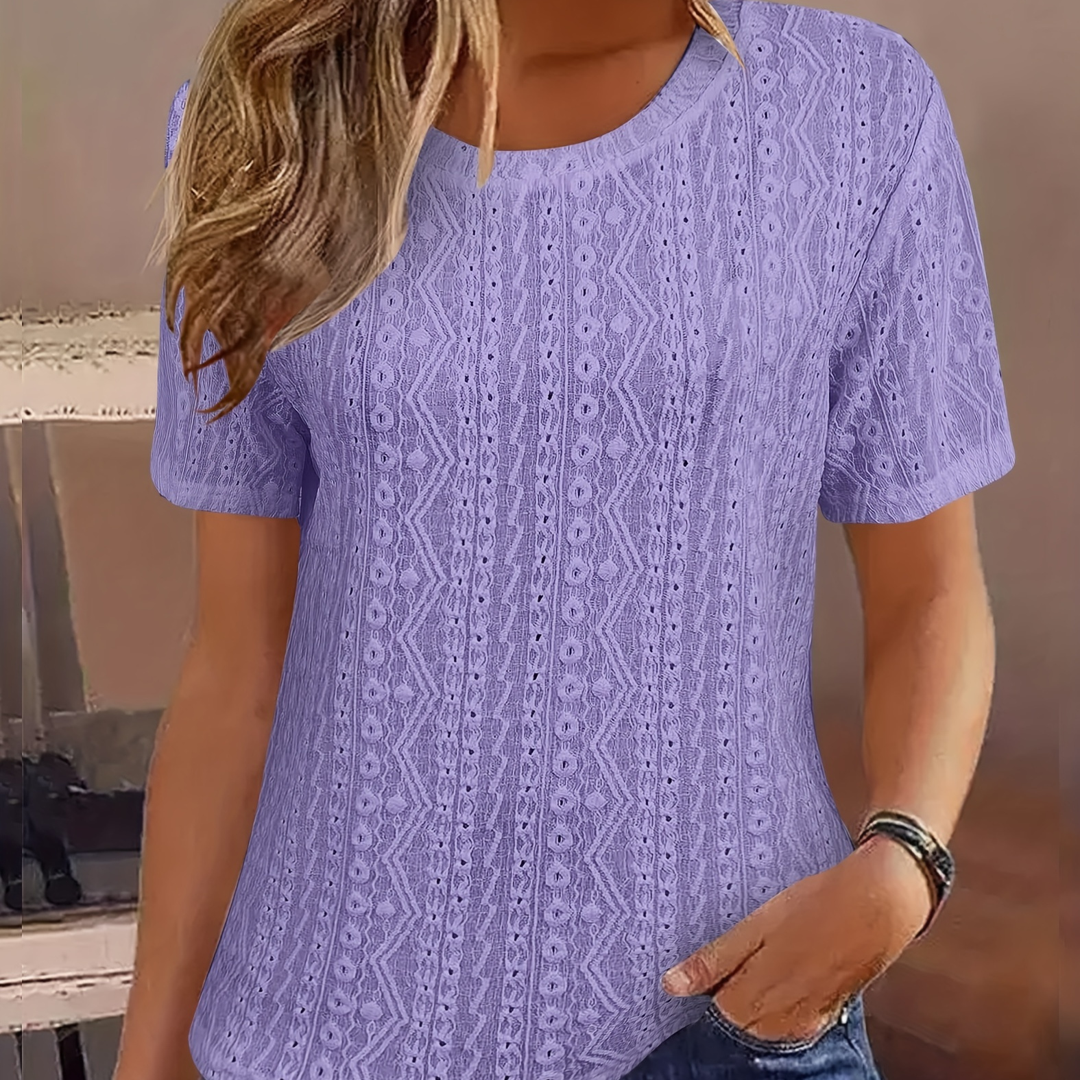 

Eyelet Crew Neck Fashion T-shirt, Casual Short Sleeve Top For Spring & Summer, Women's Clothing