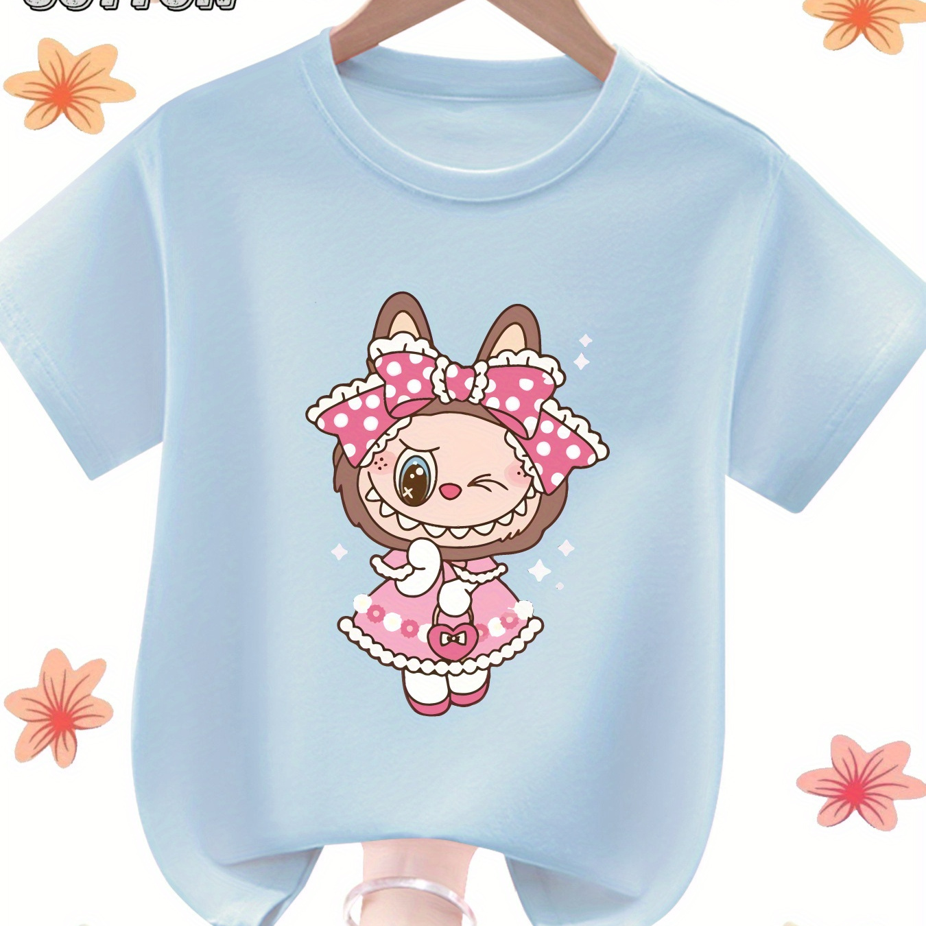 Kids' 100% Cotton T-Shirt - Soft Breathable Summer Top with Cute Cartoon Bunny & Polka Dot Bow Applique, Vibrant Red Casual Short Sleeve Tee for Outdoor Play & Casual Attire, Children's Leisurewear, Charming Kids' Fashion, Comfortable Children's Apparel