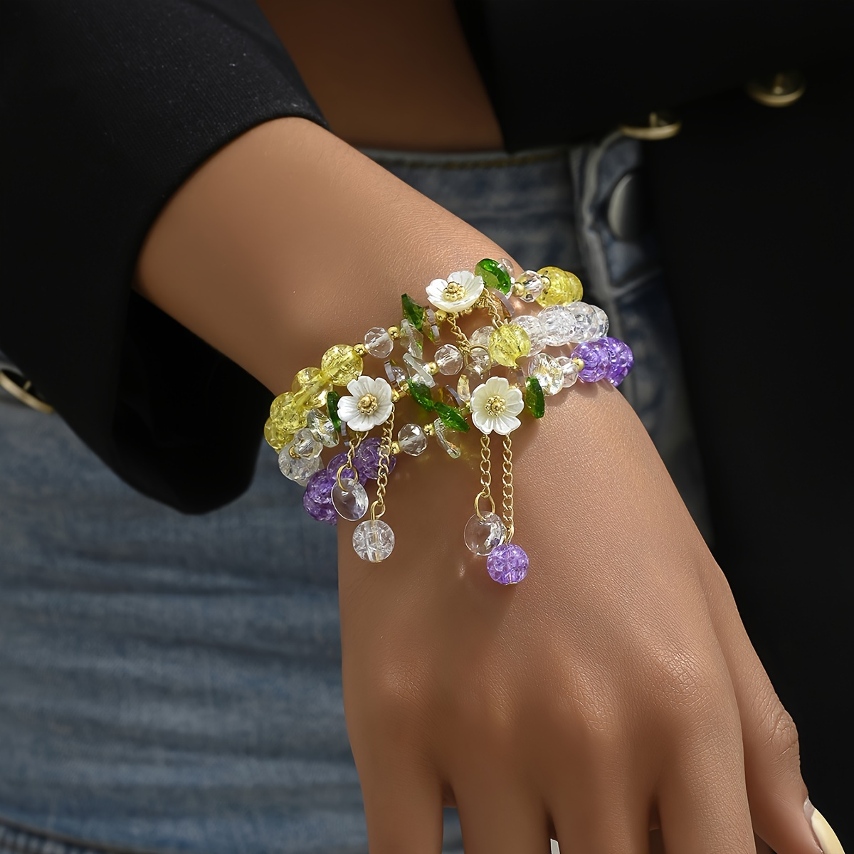 

3pcs Yellow & White & Purple Faux Crystal Beads Beaded Bracelet Set Cute Lovely Hand String With Flower Beads