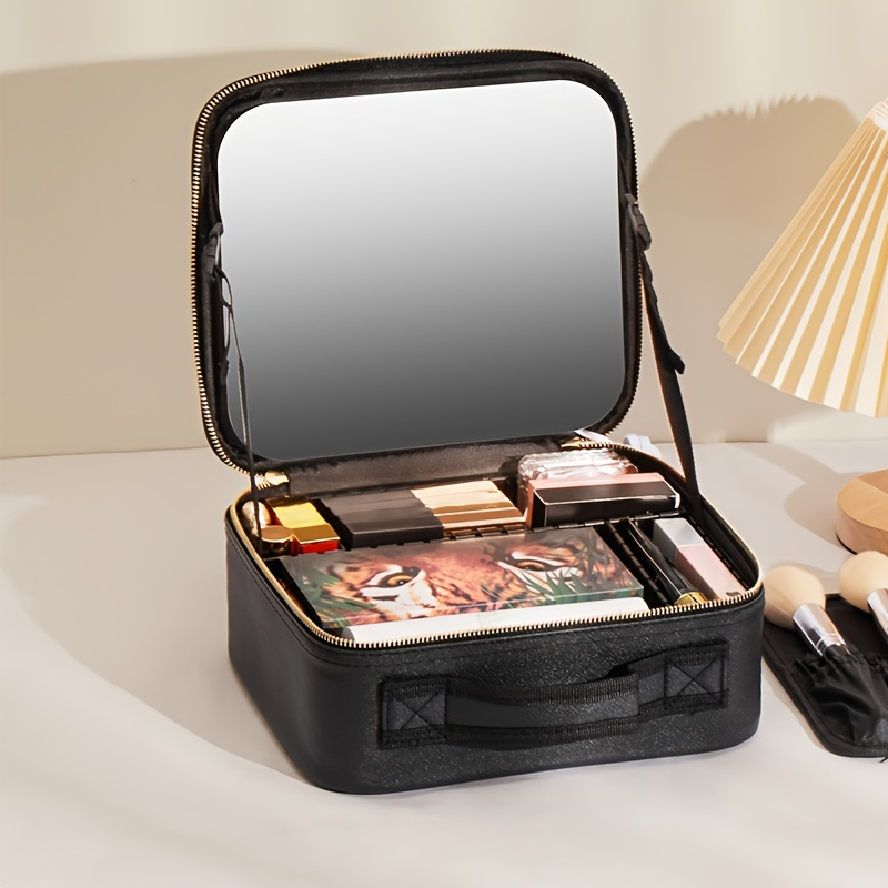 

Pu Leather Makeup Bag With Mirror Travel Portable Cosmetic Storage Bag With Divider & Handle Toiletries Organizer For Makeup Artist Women Men