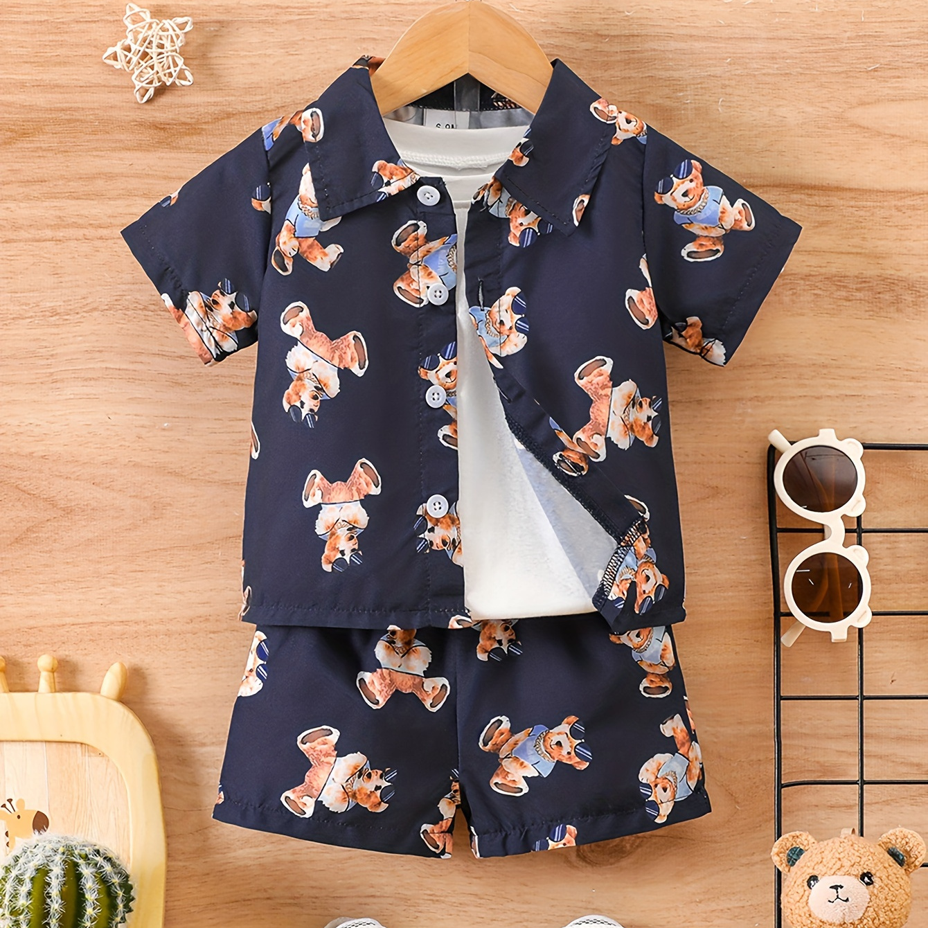 

2pcs Baby Boy's Outfit Set, Casual Cartoon Bear Print Short Sleeve Shirt With Collar And Shorts, Comfortable Summer Baby Boy Clothes For Newborn Birthday Party Holiday Beach Vacation