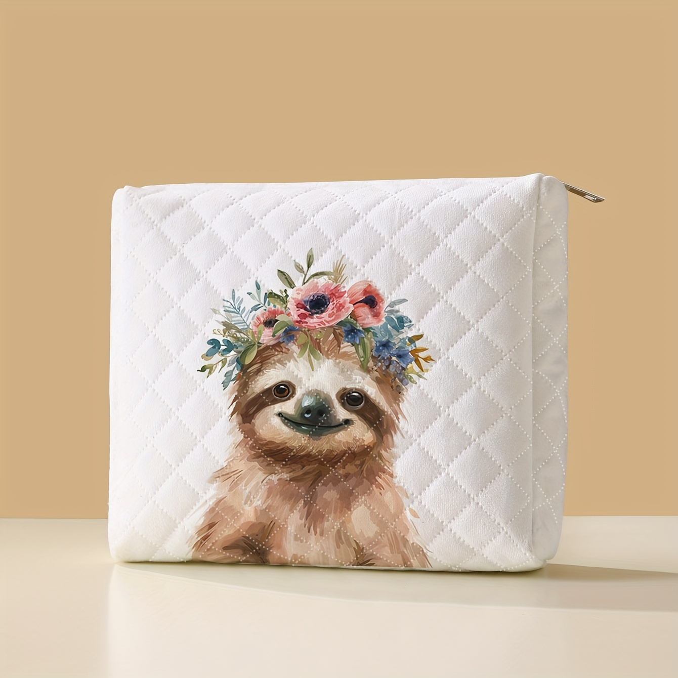 

Sloth Print Quilted Cosmetic Bag, 1 Piece Polyester Travel Makeup Organizer With Zipper, Portable Multifunction Storage Pouch, Non-, Unscented - Sloth Design Makeup Case For Toiletries And Accessories