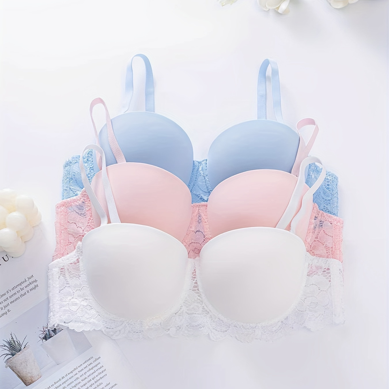 

3pcs Solid Floral Lace Anti Sagging Underwire Bra, Sexy Comfy Push Up Bra, Women's Lingerie & Underwear