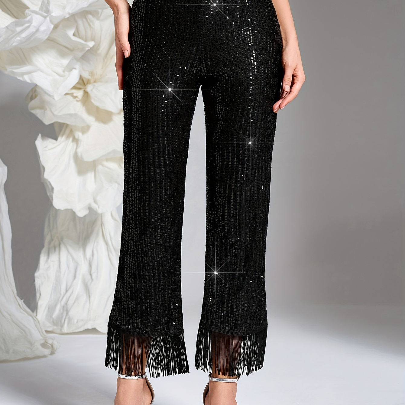 

1pc Elegant Sequin Tassel Long Pants For Women, Polyester Knit Straight-leg Trousers With Detail, Autumn Season Solid Color, Lightweight 150g/m² Fabric, Inner 110g/m² Polyester