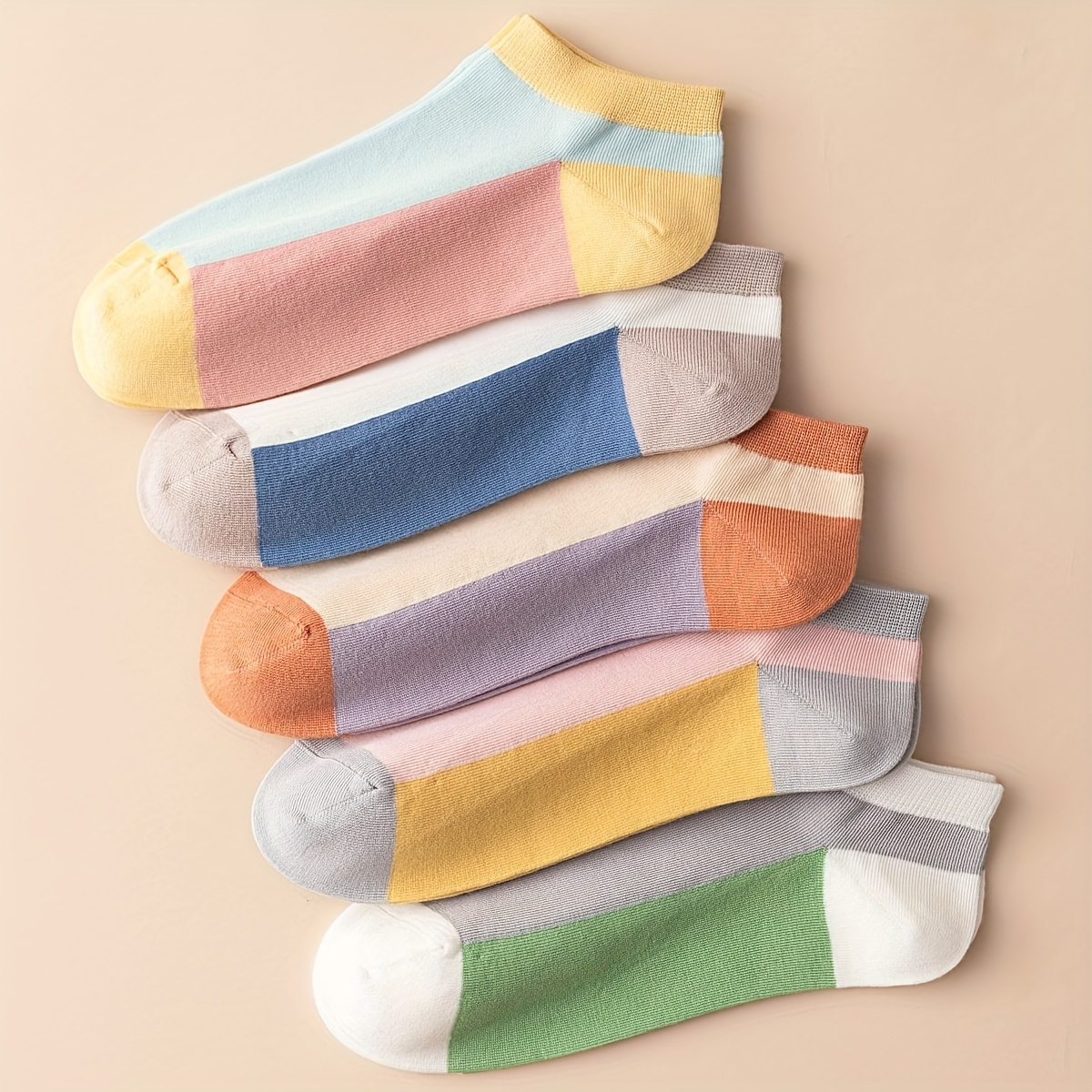 

5 Pairs Colorblock Ankle Socks, Cute & Funny Low Cut Crew Socks, Women's Stockings & Hosiery