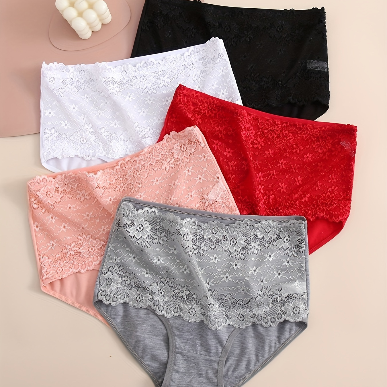 

5pcs High Waist Lace Stitching Panties, Breathable & Comfy Intimates Panties, Women's Lingerie & Underwear