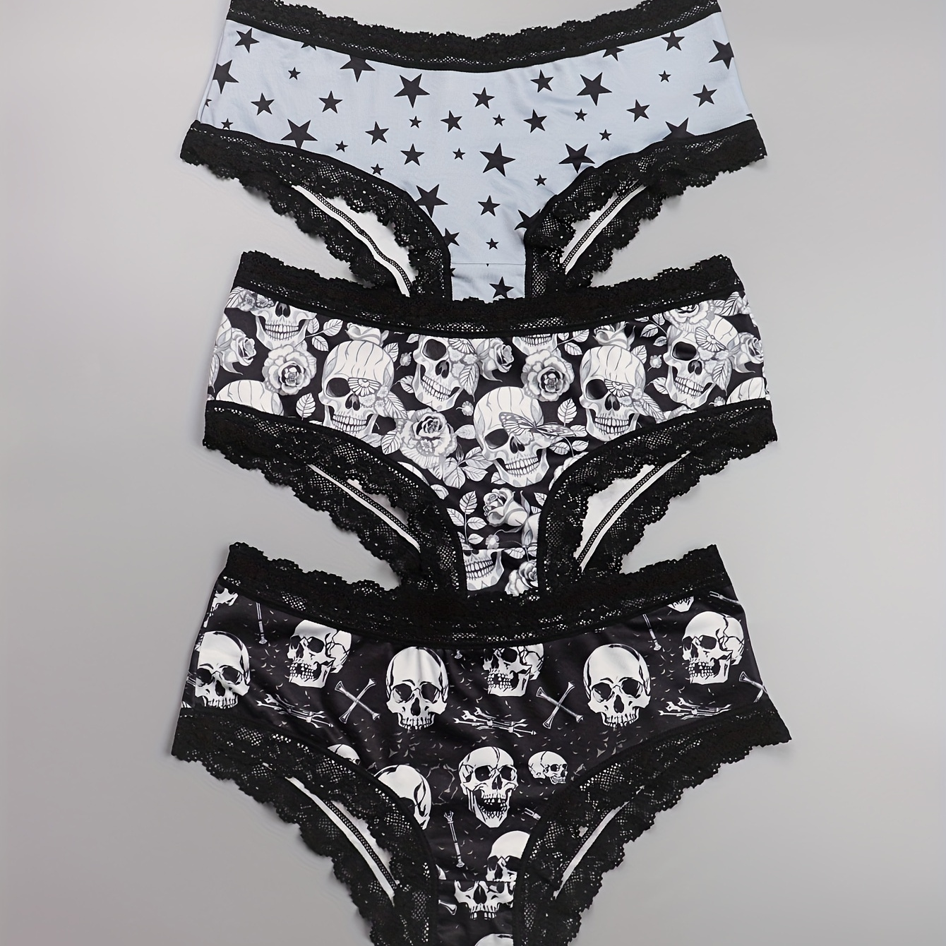 

3 Pack Plus Size Sexy Panties Set, Women's Plus Skull & Star Pattern Contrast Lace Trim Low Bikini Underwear 3pcs Set