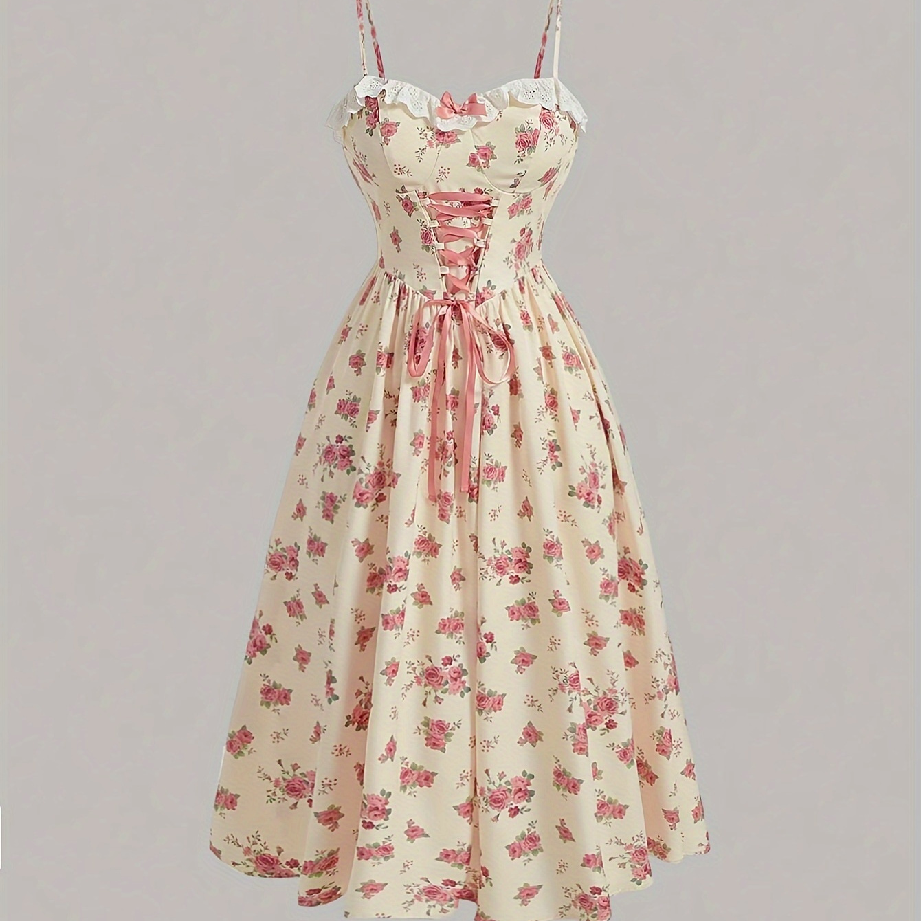 

Floral Print Lace Trim Spaghetti Strap Dress, Elegant Tie Waist Sleeveless Cami Dress For Spring & Summer, Women's Clothing