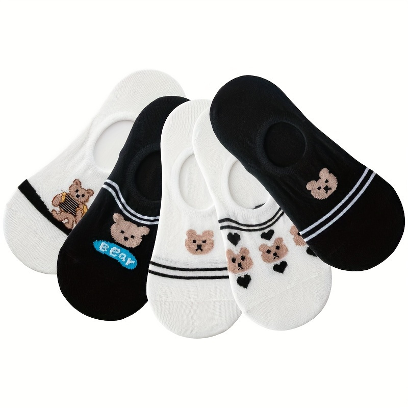 

5 Pairs Cartoon Bear & Striped Socks, Cute & Lightweight Invisible Socks, Women's Stockings & Hosiery
