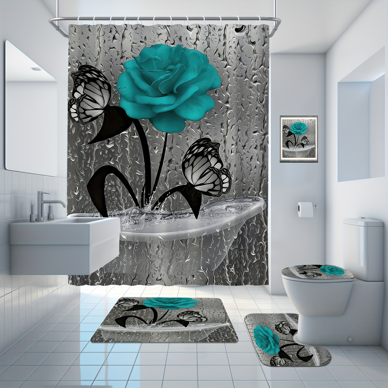 

Bathroom Set: Includes 71x71in Shower Curtain, Bath Mat, Toilet , And Bath Rug 12 Plastic - For