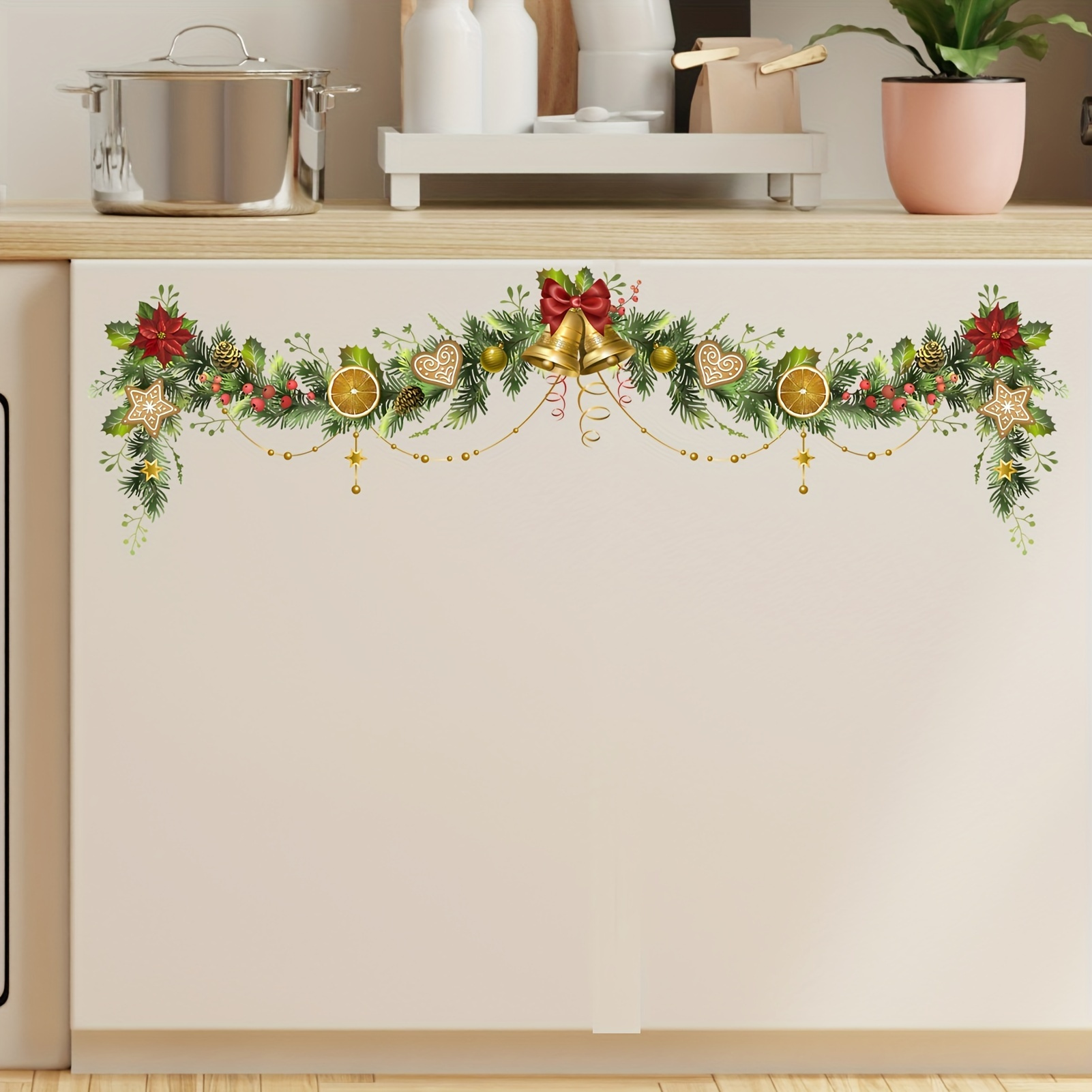 

1pc Christmas Wall Decal - Pine Branches, Flowers & Bells Design | Self-adhesive & Removable Pvc Sticker For Decor | Living Room, Bedroom, Dining Area