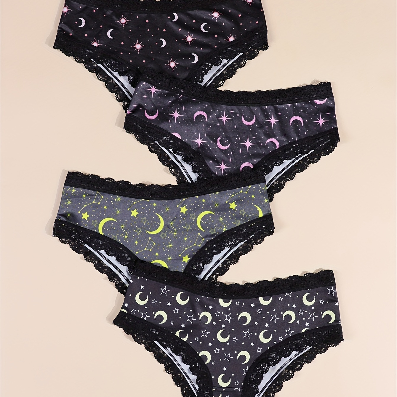 

4pcs Romantic Contrast Lace Panties, Comfy Stars & Moons & Planet & Night Sky Print Intimates Panties, Women's Lingerie & Underwear