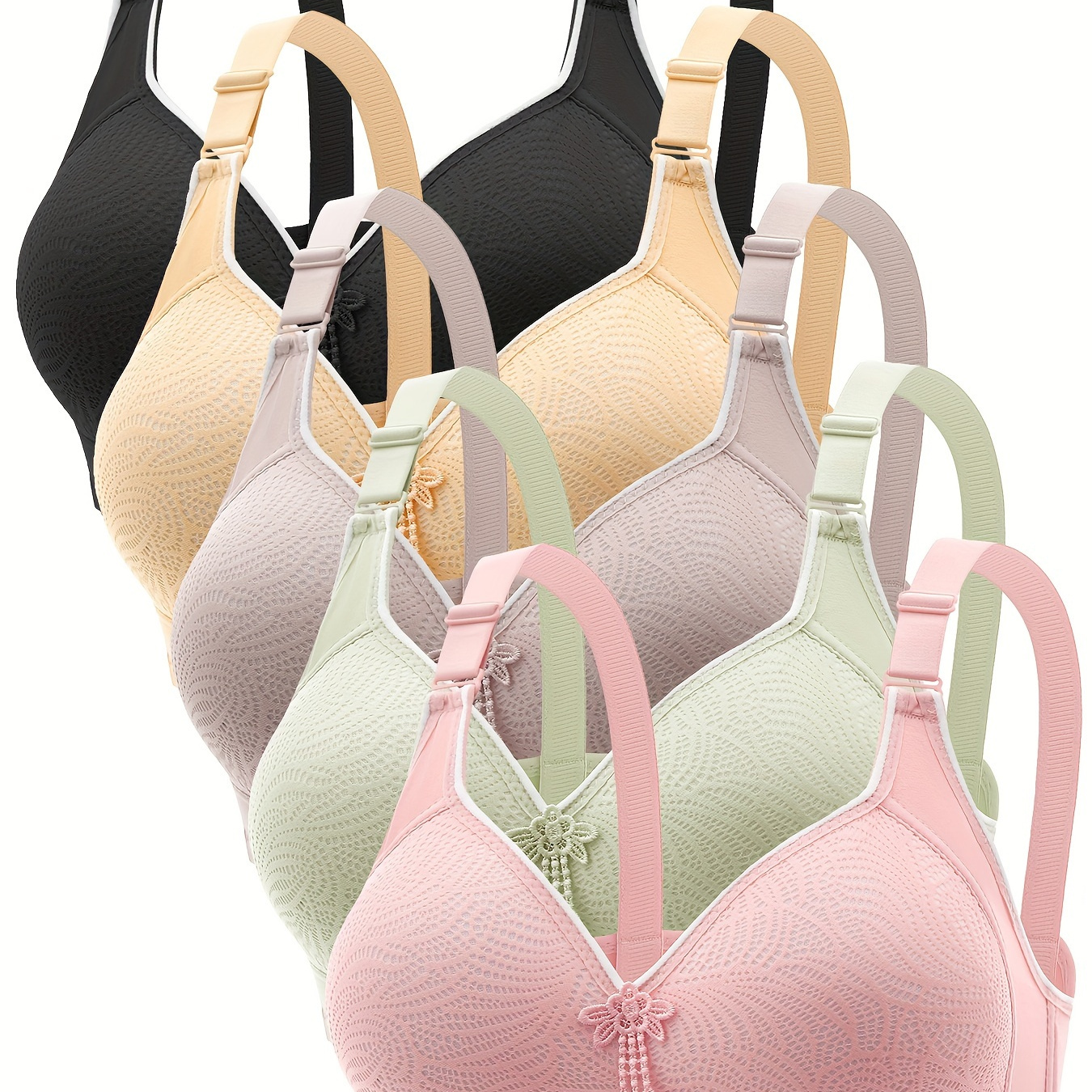 

5-pack Wireless Bras With Adjustable Straps And Lace Trim, Comfort Print No Underwire Bra Set For Women, Assorted Colors