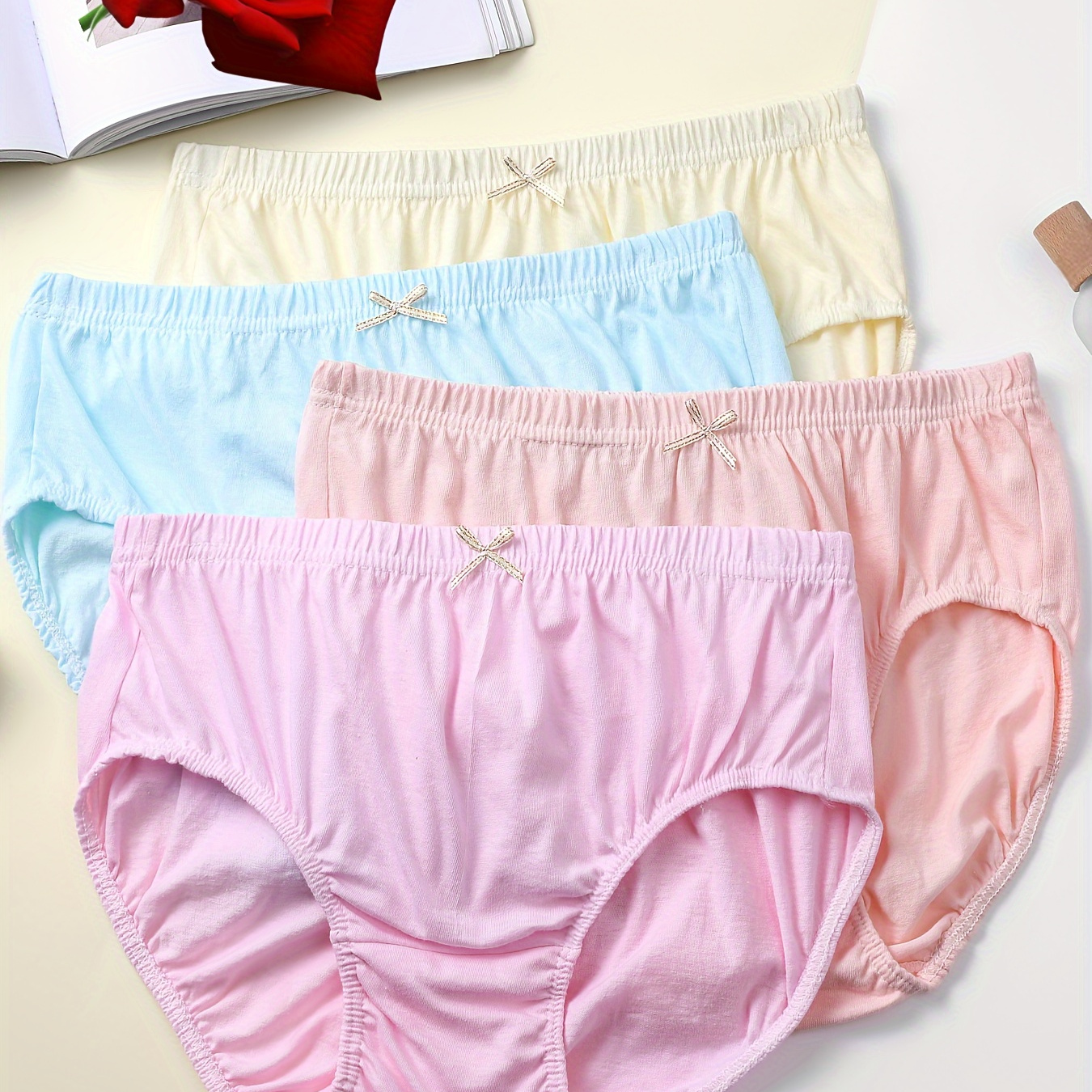 

6pcs Simple Solid Bow High Waist Briefs, Soft & Comfy Stretchy Panties, Women's Lingerie & Underwear
