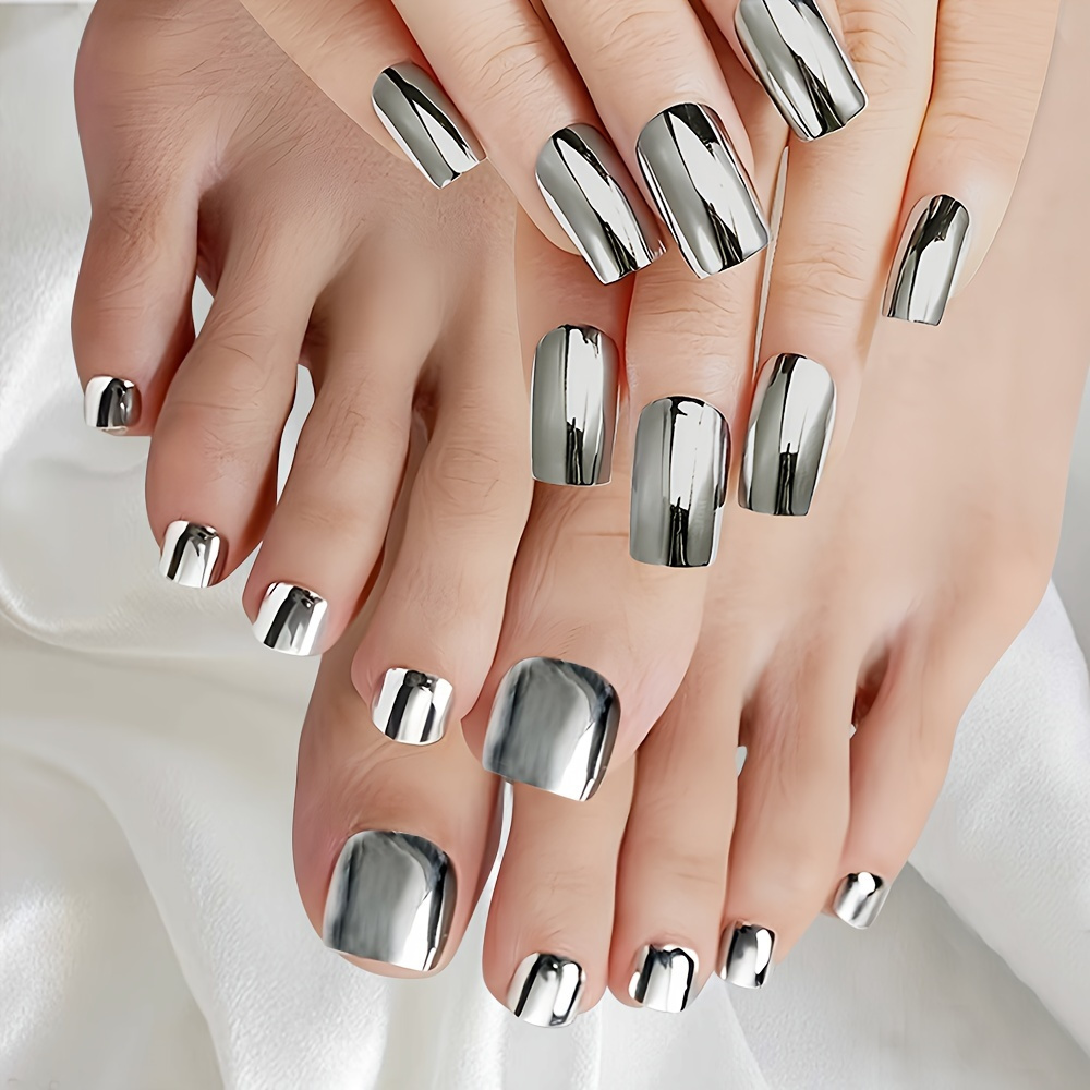 

48pcs(2sets) Metallic Silver Press On Finger And Toe Press On Nails Holographic False Nails For Summer Party And Date