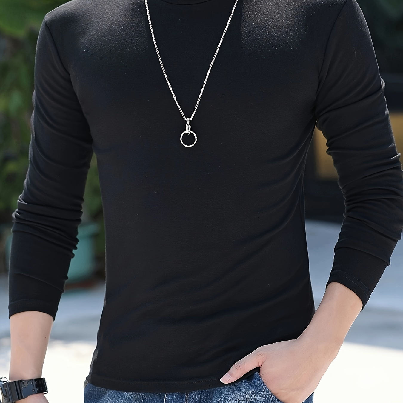 

Solid High Stretch Men's Long Sleeve Slim Fit Turtleneck T-shirt, Spring Fall Outdoor