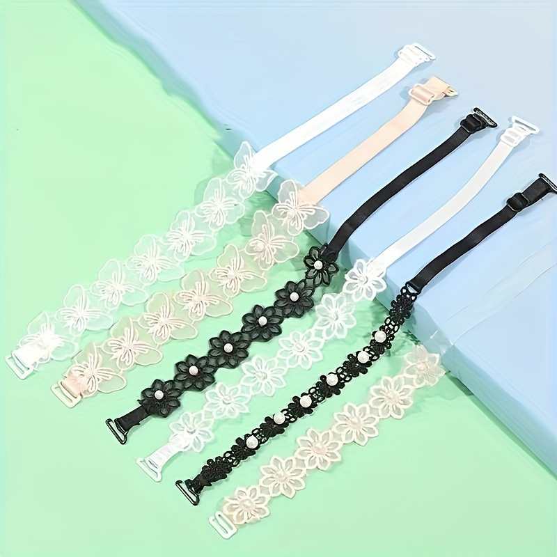 

3 Pairs Women's Adjustable Embroidered Lace Pearl Bra Straps, Non-slip Transparent Shoulder Straps, Invisible Accessories For Summer Outfits