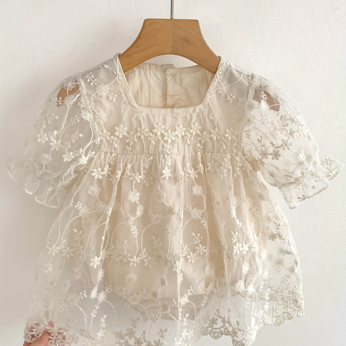 

Baby's Flower Embroidered Tulle Splicing Romper Dress, Casual Elegant Puff Sleeve Dress, Infant & Toddler Girl's Clothing For Summer/spring, As Gift