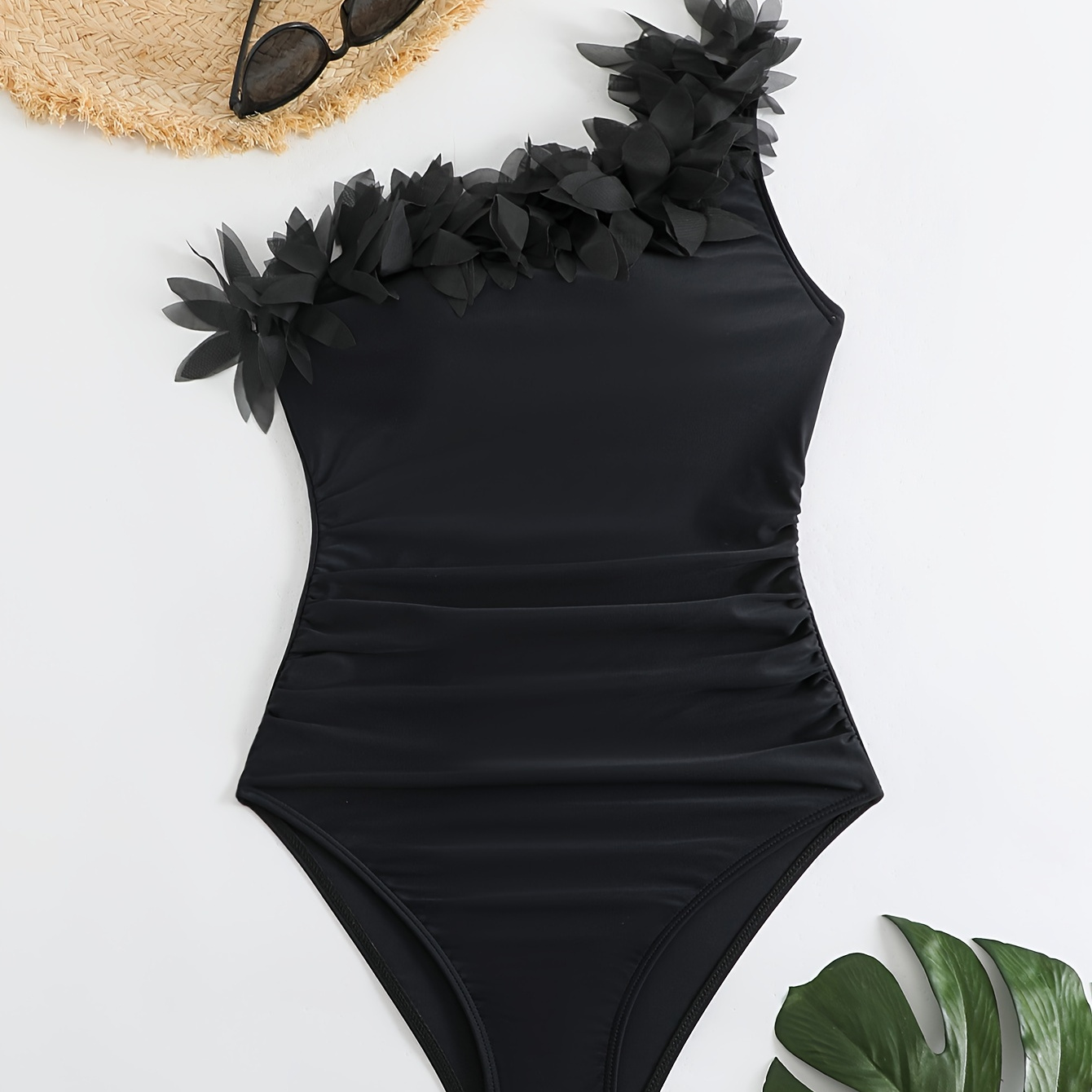 

3d Flower Applique Asymmetric 1 Shoulder One-piece Swimsuit, Ruched Plain Black Stretchy Tummy Control Elegant Bathing Suits, Women's Swimwear & Clothing