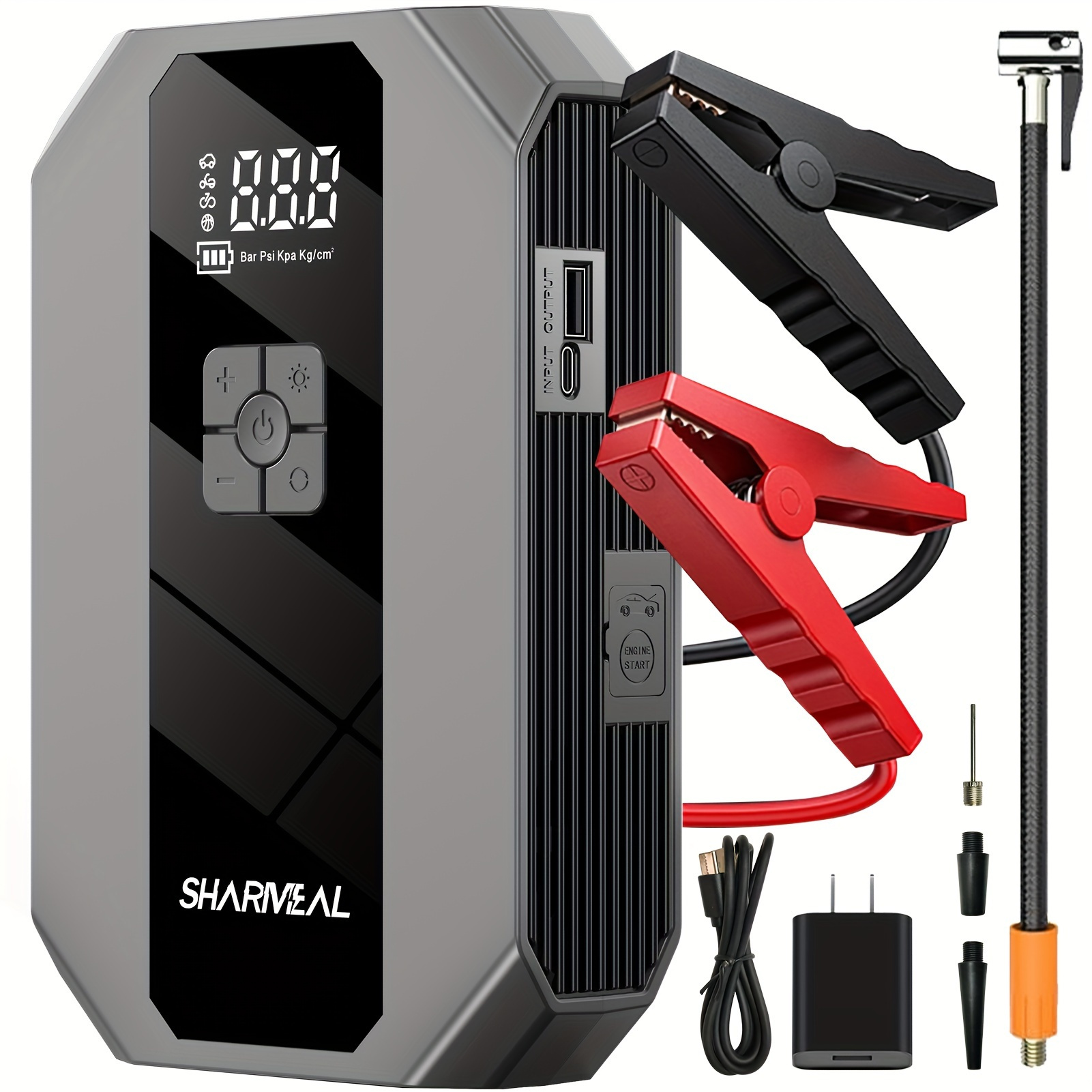 

Sharmeal Jump Starter With Air Compressor, 4500a 12v Battery Jump Starter With 150psi Digital Tire Inflator, Up To 9l Gas & 8l Engines, Car Jumper Box With Large Display, Emergency Light