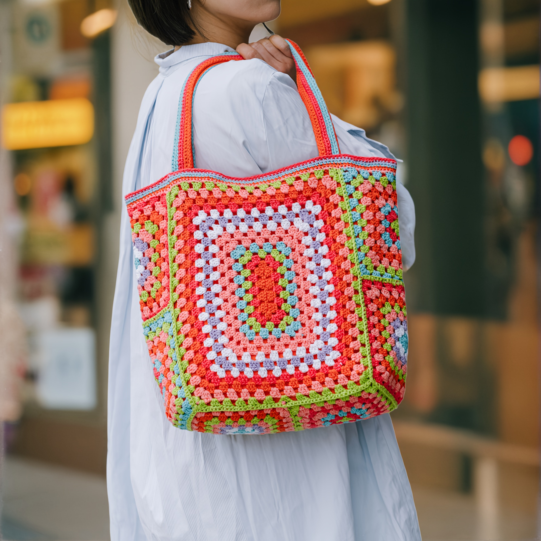 Crocheted Afghan Knitting Black Bag, Granny Square Crochet Shoulder Summer Bag, popular Crossbody Bag with Chain Hanger, Crochet Tote Bag, Gifting