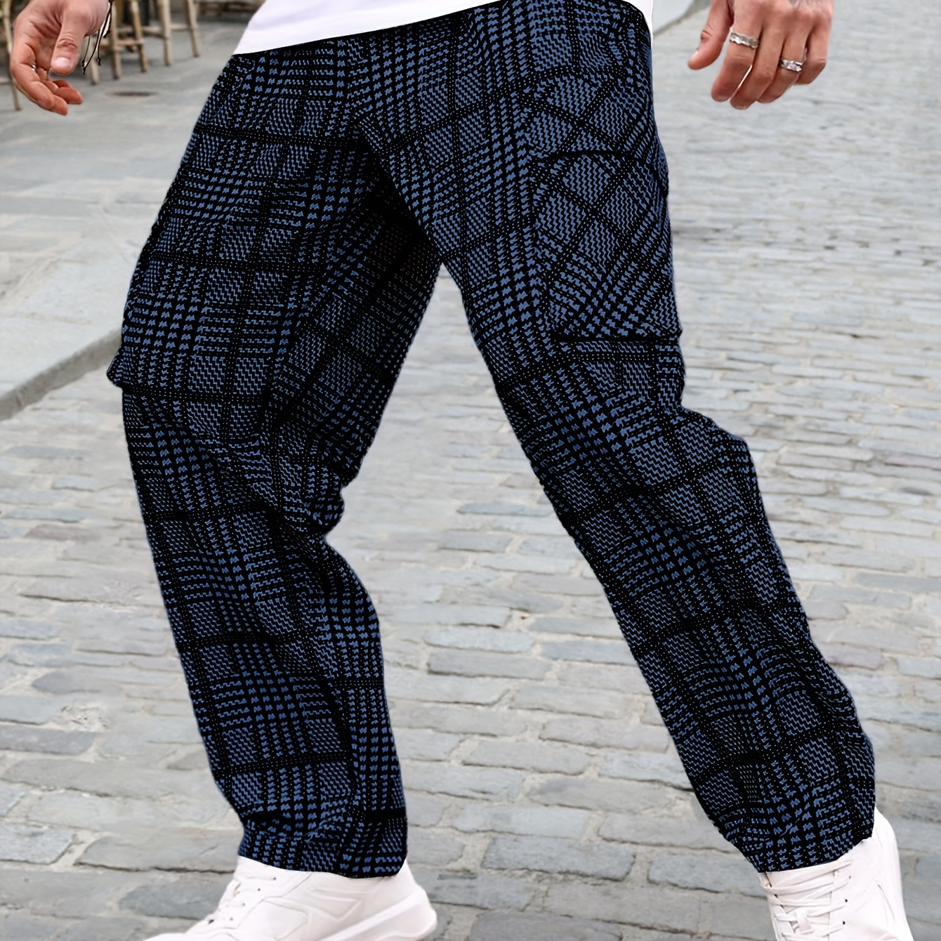 

Men's Casual Polyester Pants, Mid-waist Regular Fit With Pockets, Straight Leg Drawstring Waist Overalls, 100% Polyester Fiber, 130gsm Woven Fabric, Regular Contour For Going Out