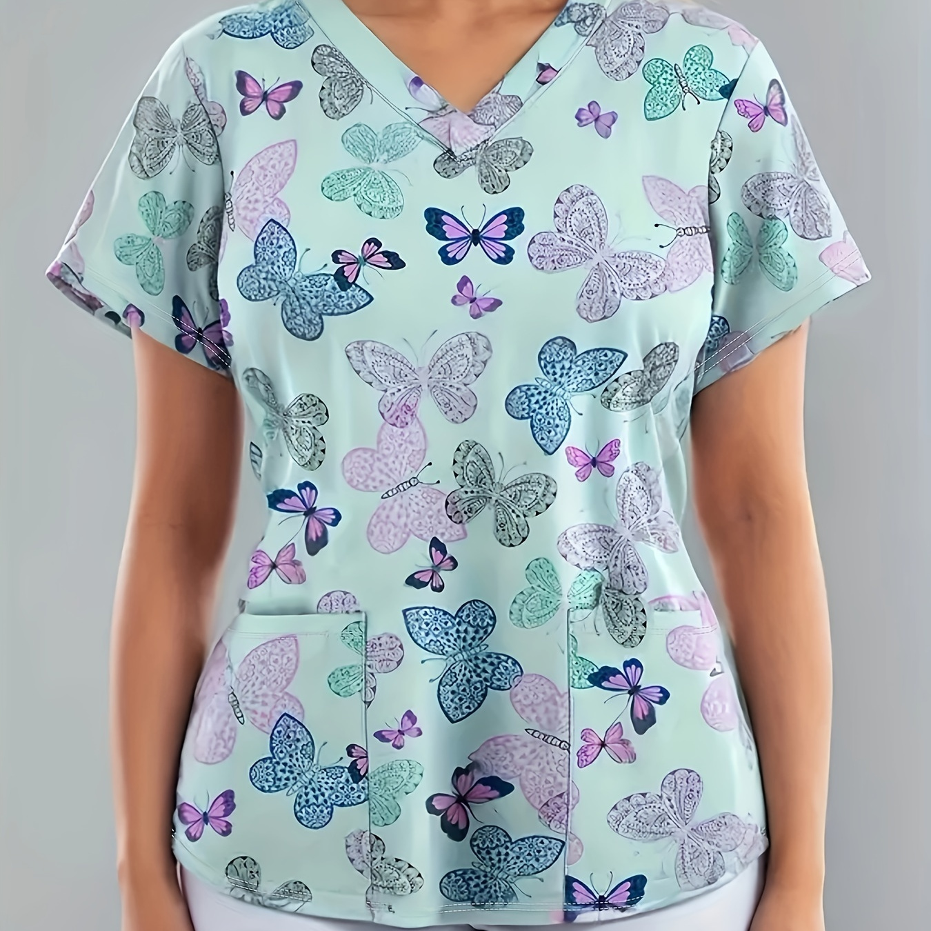 

Plus Size Butterfly Print Pockets Top, Short Sleeve V Neck Health Care Uniform For Nurse, Women's Plus Size clothing